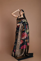 Black Handwoven floral printed Tussar silk Banarasi