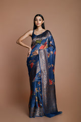 Blue Handwoven floral printed Tussar silk Banarasi