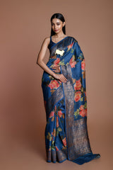Blue Handwoven floral printed Tussar silk Banarasi
