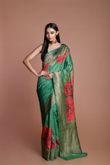 Green Handwoven floral printed Tussar silk Banarasi