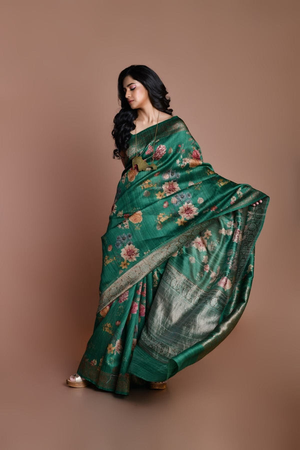 Green Handwoven floral printed Tussar silk Banarasi