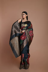 Handwoven floral printed Tussar silk Banarasi
