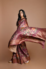 Handwoven floral printed Tussar silk Banarasi