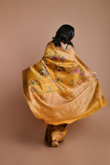 Yellow Handwoven floral printed Tussar silk Banarasi