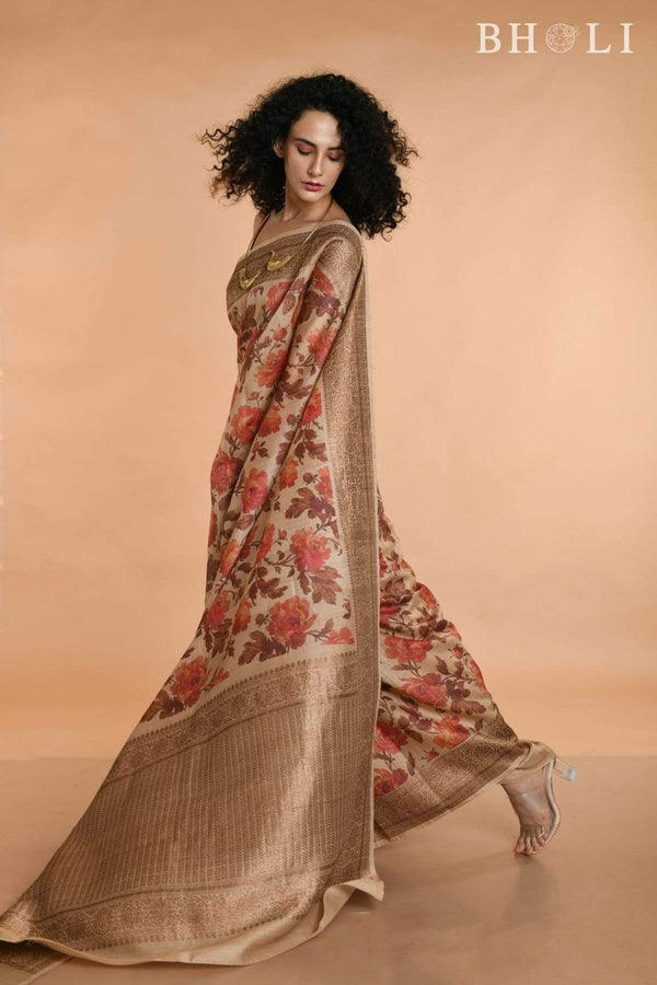 Beige Handwoven floral printed Tussar silk Banarasi