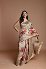 Beige Handwoven floral printed Tussar silk Banarasi