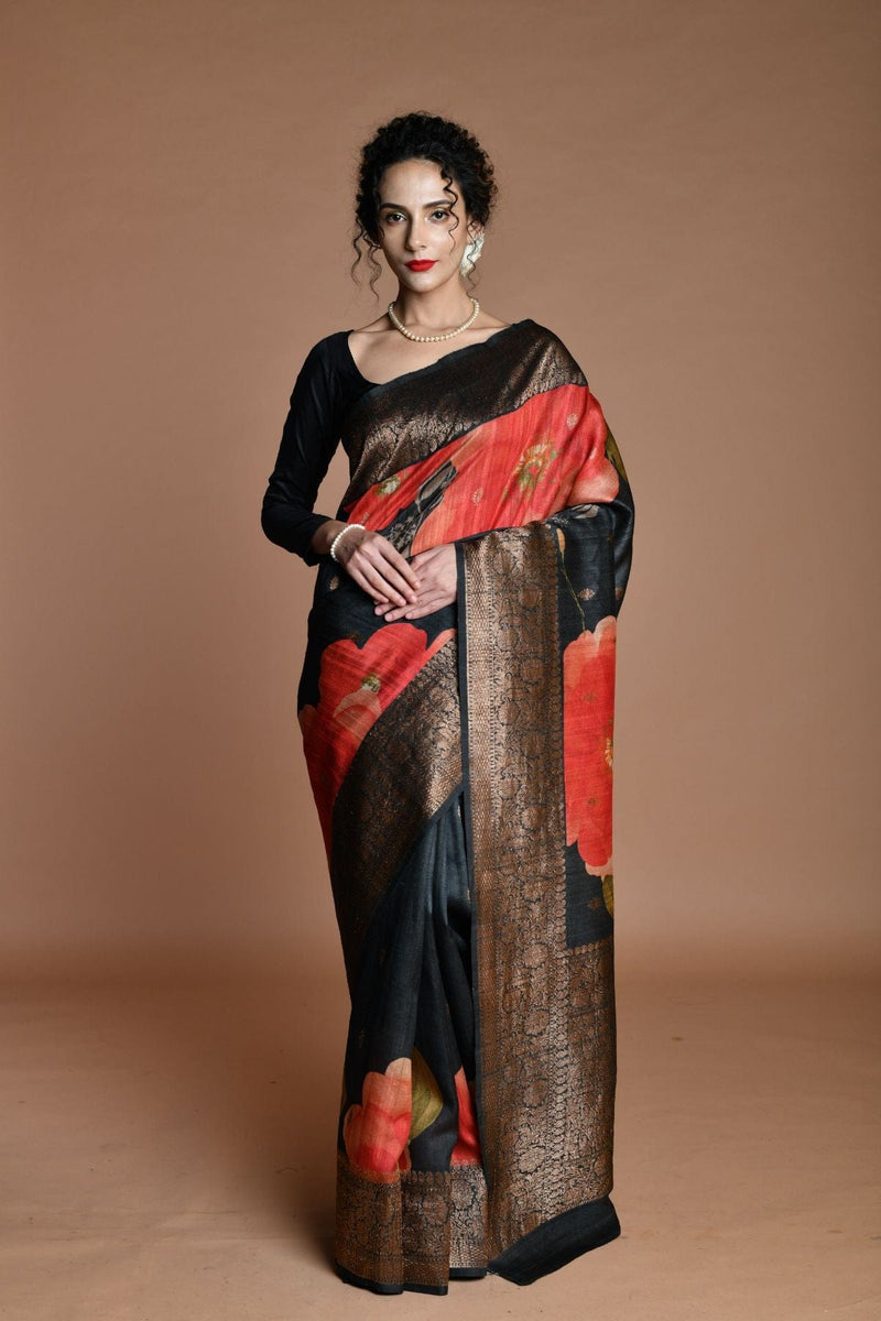 Black and red Handwoven floral printed Tussar silk Banarasi