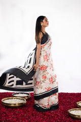 Black and white Floral Printed contemporary Handwoven Ikat Silk