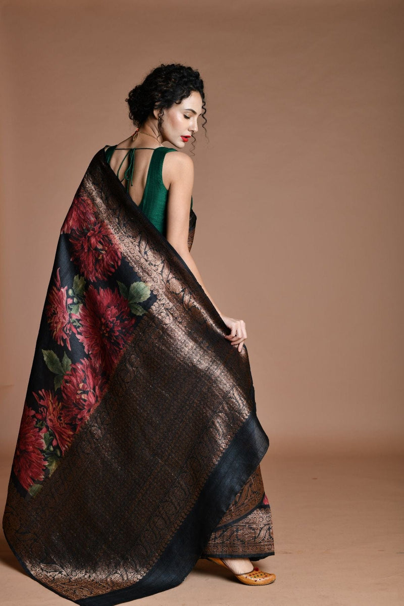 Black Handwoven floral printed Tussar silk Banarasi