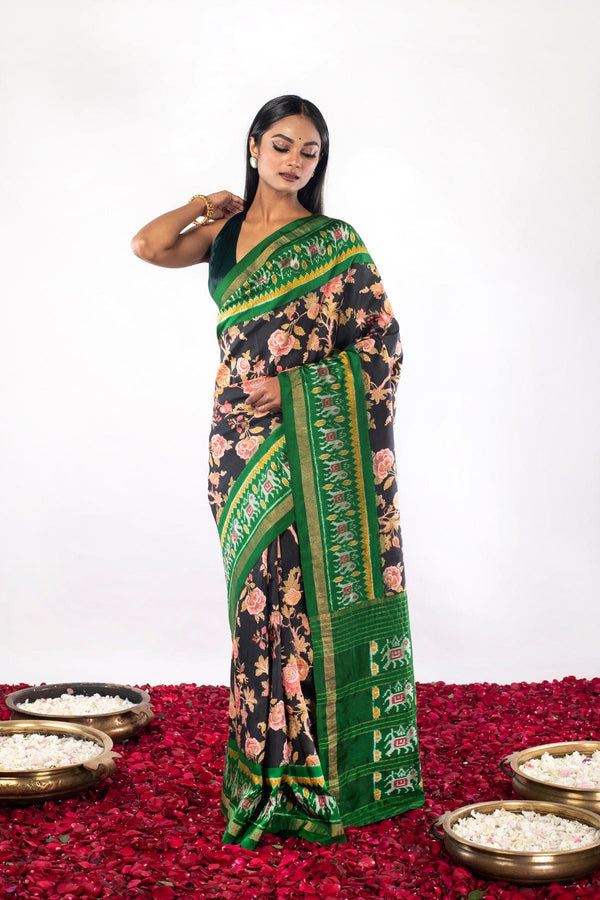Black Handwoven Pochampally Ikat Floral Printed Pure Silk Indian Saree