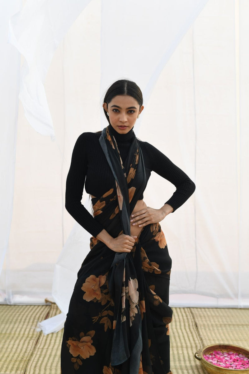 Black Pure Georgette Floral Printed silk saree with Satin border