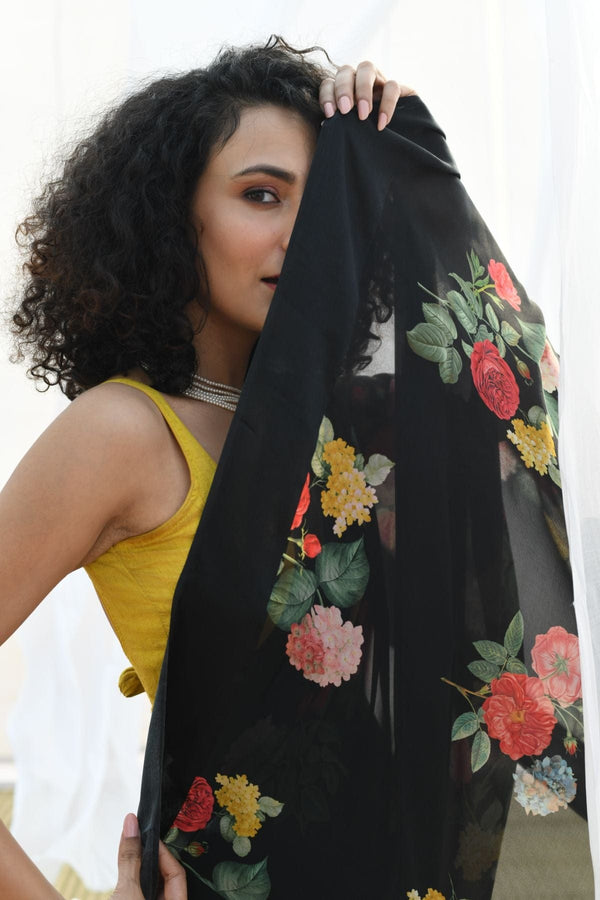 Black Pure Georgette Rose Floral Printed silk saree with Satin border