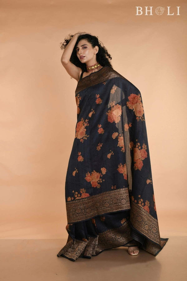 Black with rust Floral Printed Handwoven Tussar silk Banarasi