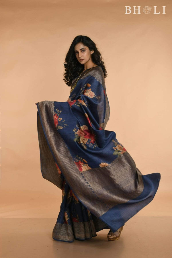 Blue floral Printed Handwoven Tussar silk Banarasi