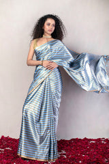 Blue Handwoven Striped Pure Katan Silk Mashru Banarasi Saree