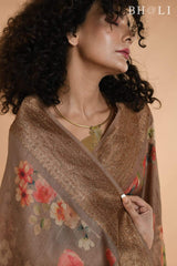 Brown Handwoven floral printed Tussar silk Banarasi