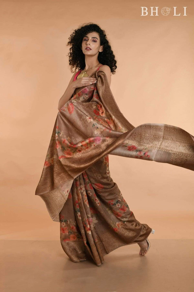 Brown Handwoven floral printed Tussar silk Banarasi