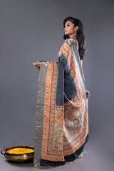 Charcoal Black Handwoven Tussar Silk with silver zari border and Printed Kalamkari inspired Pallu