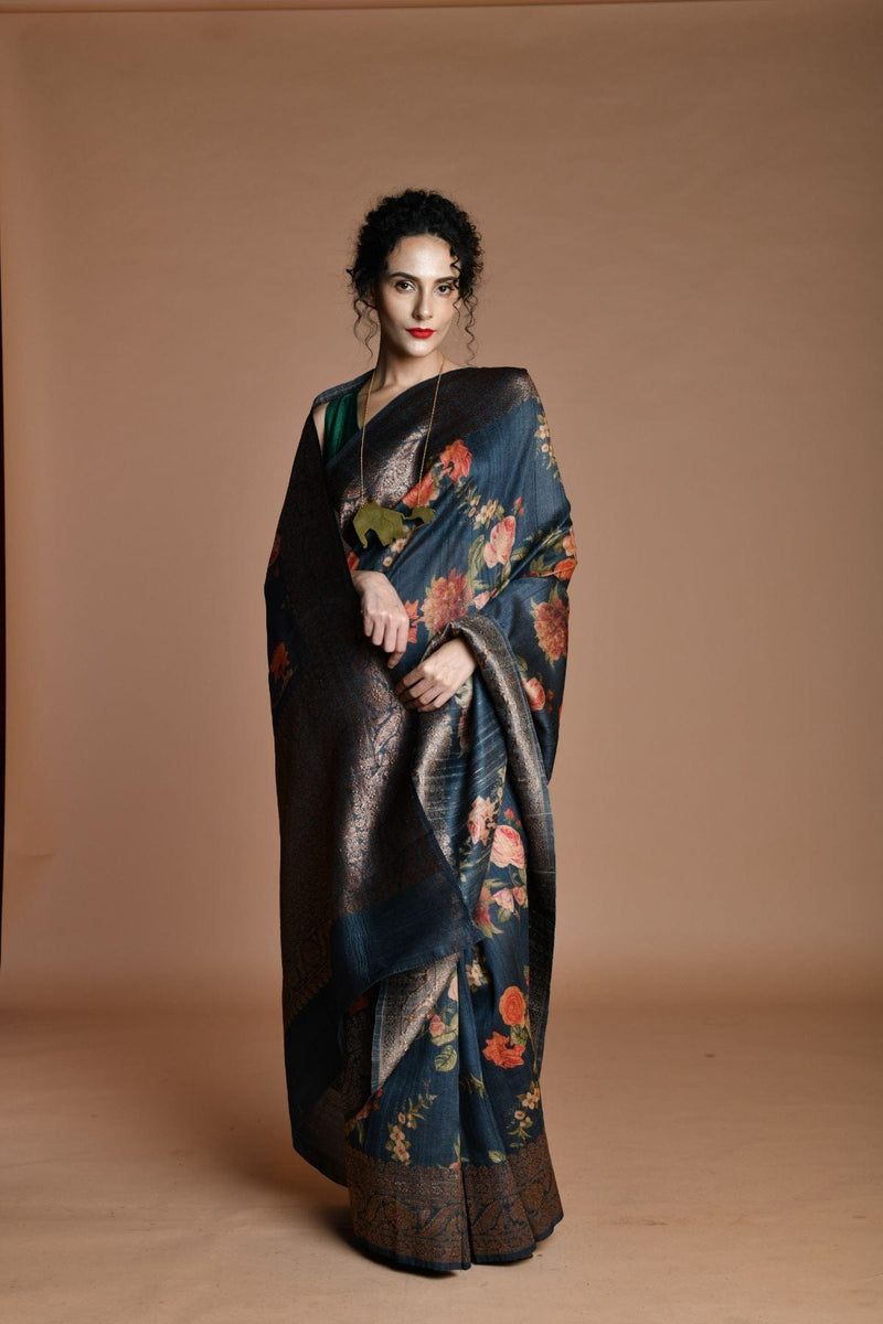 Dark Blue Handwoven floral printed Tussar silk Banarasi