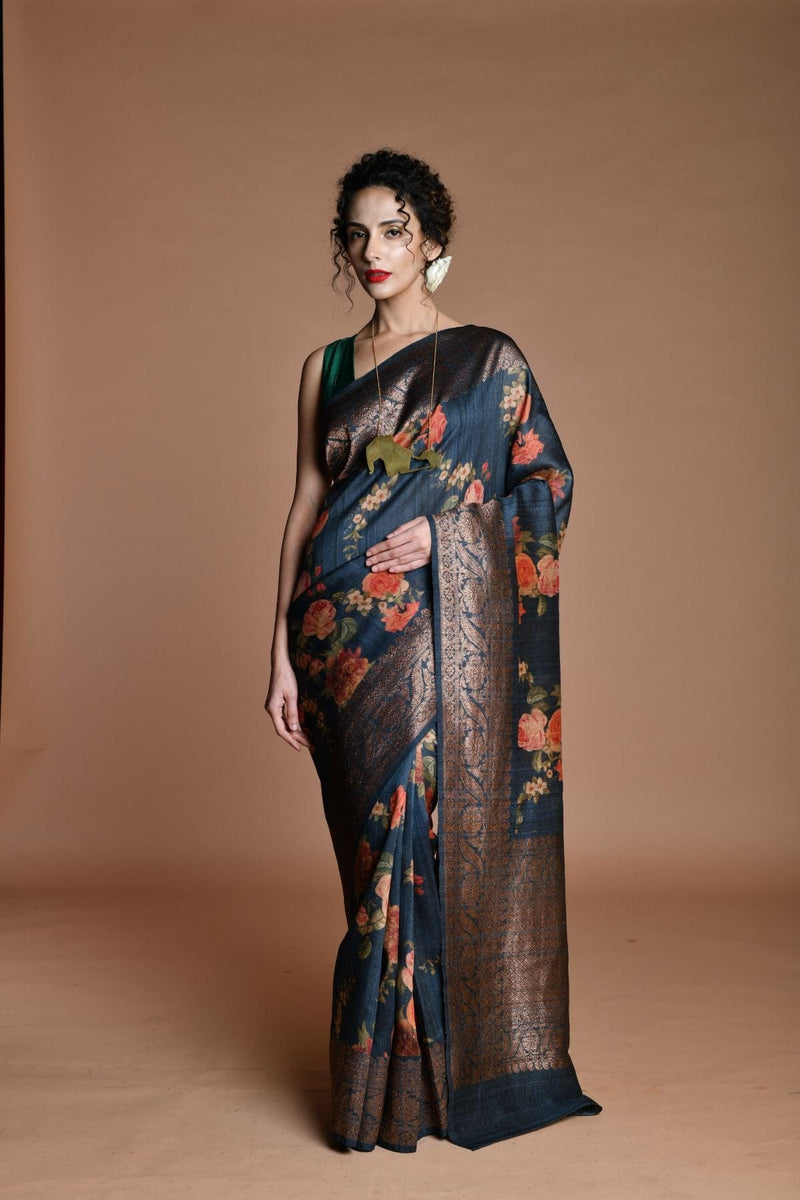 Dark Blue Handwoven floral printed Tussar silk Banarasi