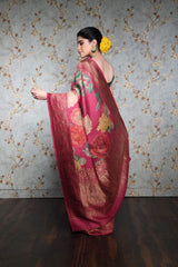 Dark Pink Floral Printed Pure Tussar Silk banarasi