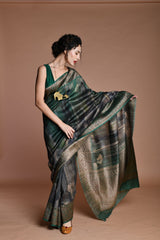 Emerald green Handwoven floral printed Tussar silk Banarasi