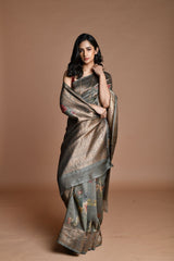 Gray Handwoven floral printed Tussar silk Banarasi