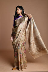Gray Handwoven floral printed Tussar silk Banarasi