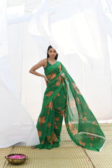 Green Pure Georgette Floral Printed silk saree with Satin border