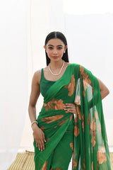 Green Pure Georgette Floral Printed silk saree with Satin border