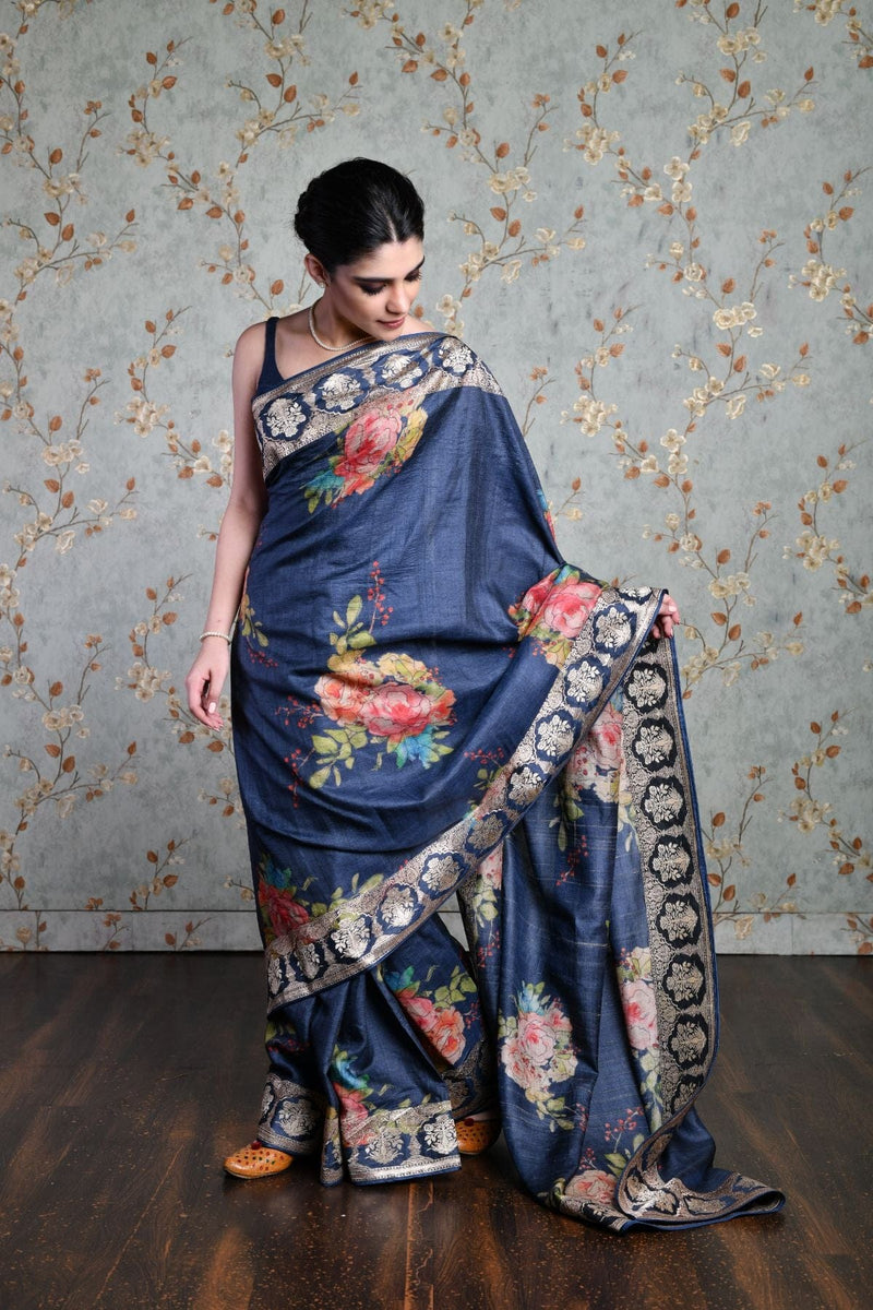 Handwoven floral Printed tussar georgette with Embroidery