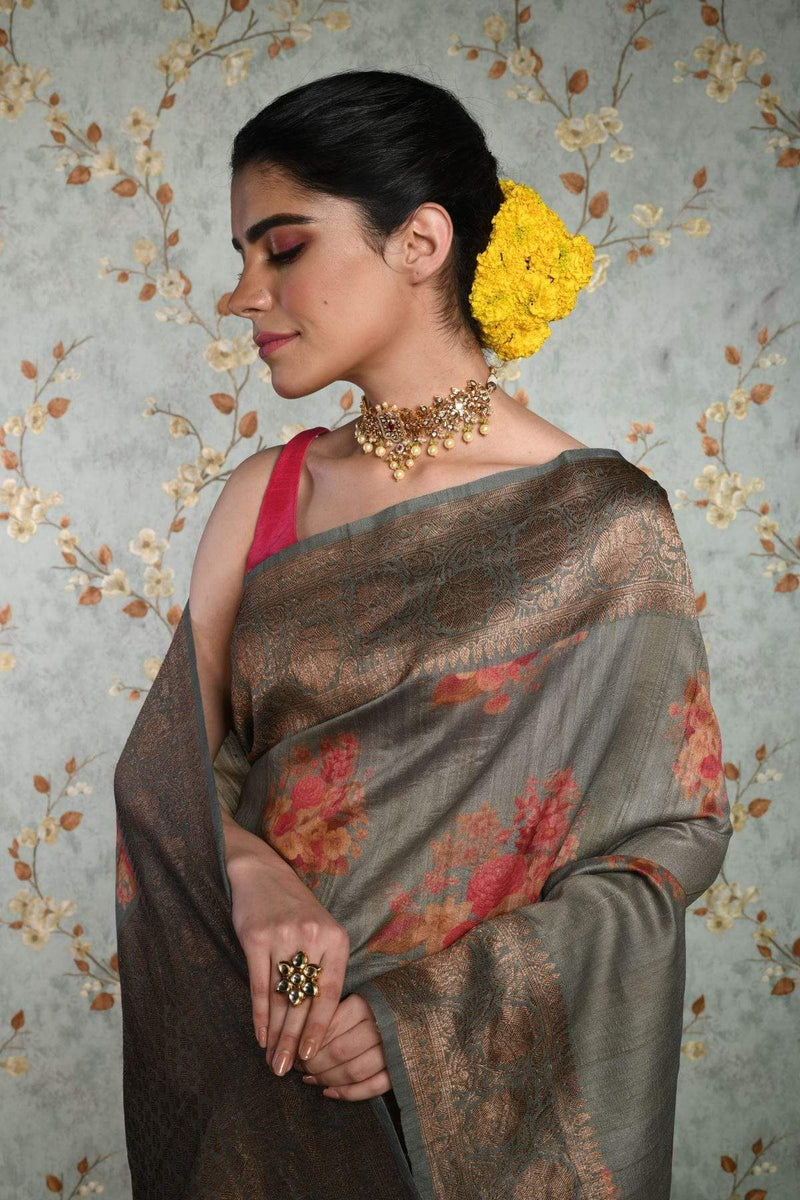 handwoven Gray Floral Printed Tussar Silk Banarasi