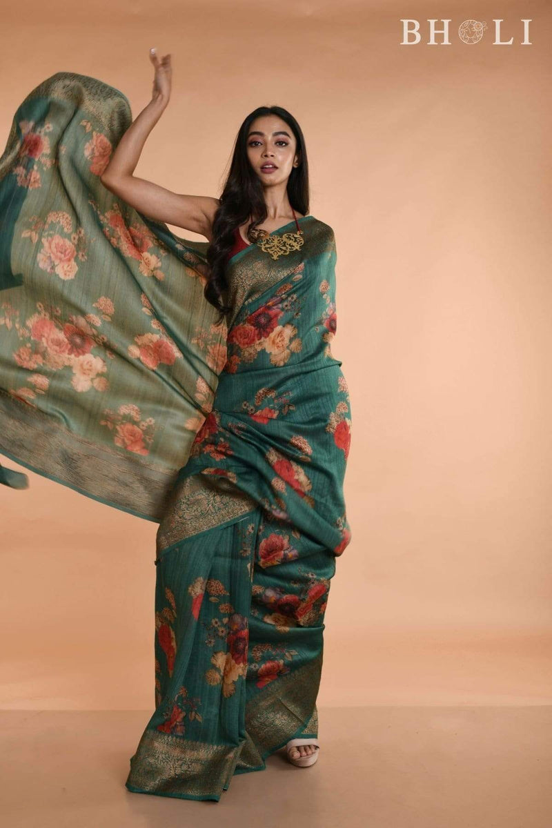 Handwoven Green floral Printed Tussar silk Banarasi
