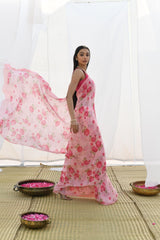 Handwoven Pure Chiffon Floral Print Pink Saree