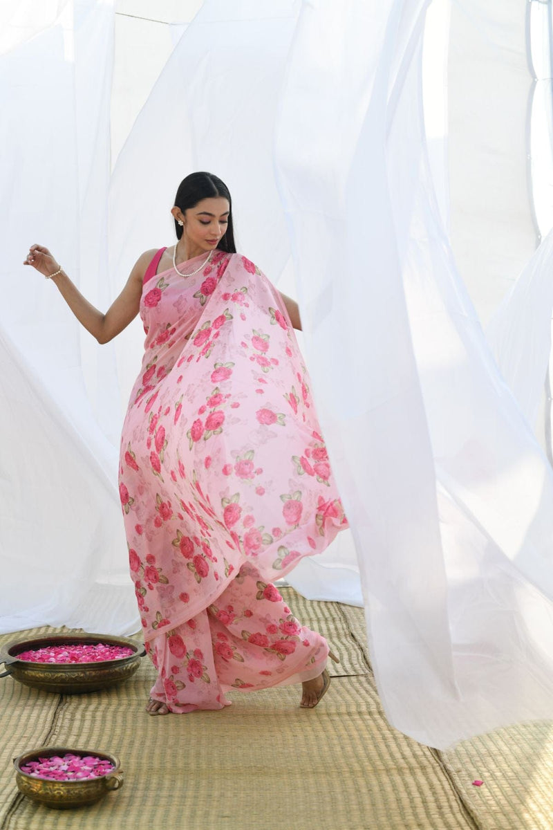Handwoven Pure Chiffon Floral Print Pink Saree