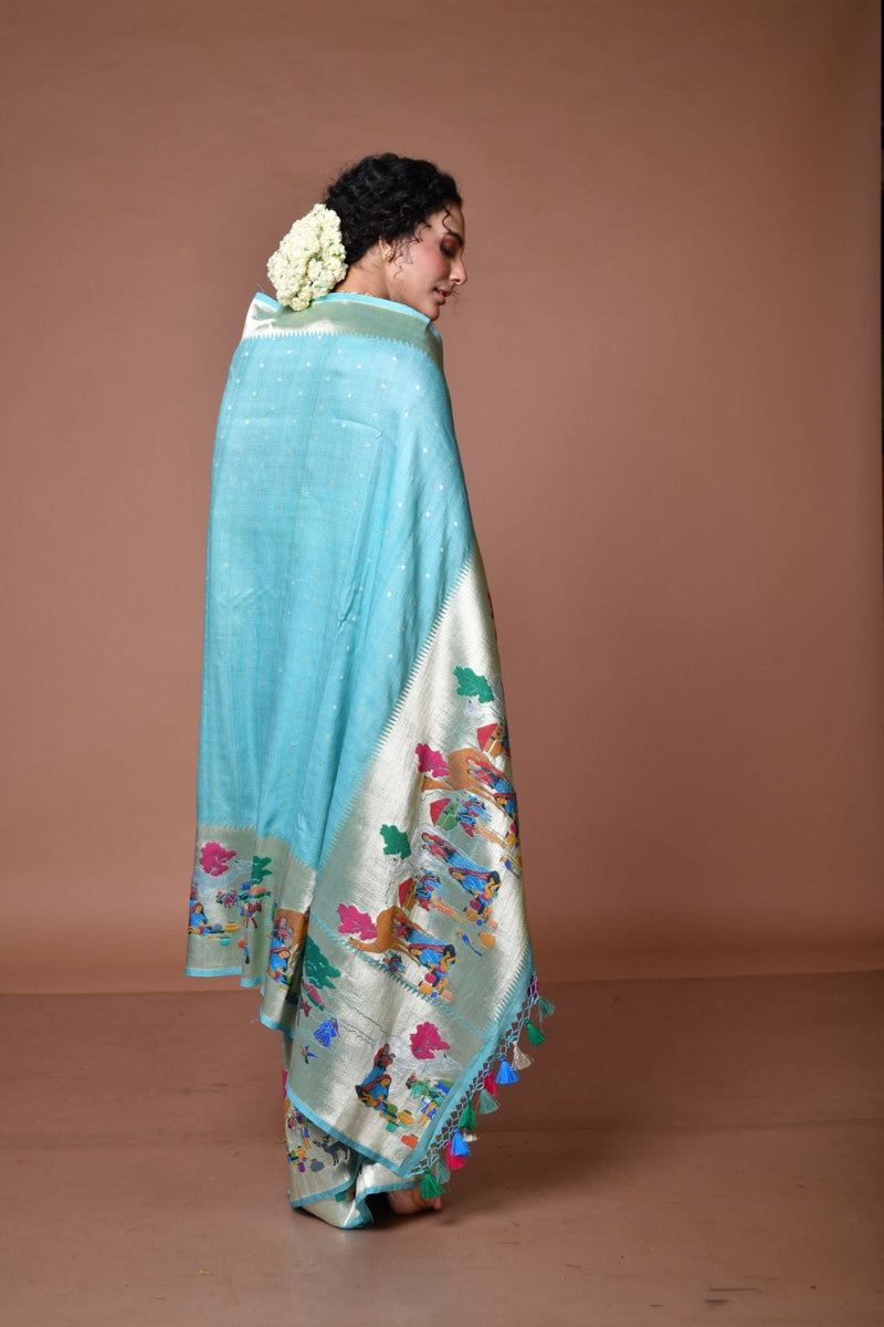 Paithani style pichwai theme Handwoven Blue Tussar Georgette Banarasi Saree