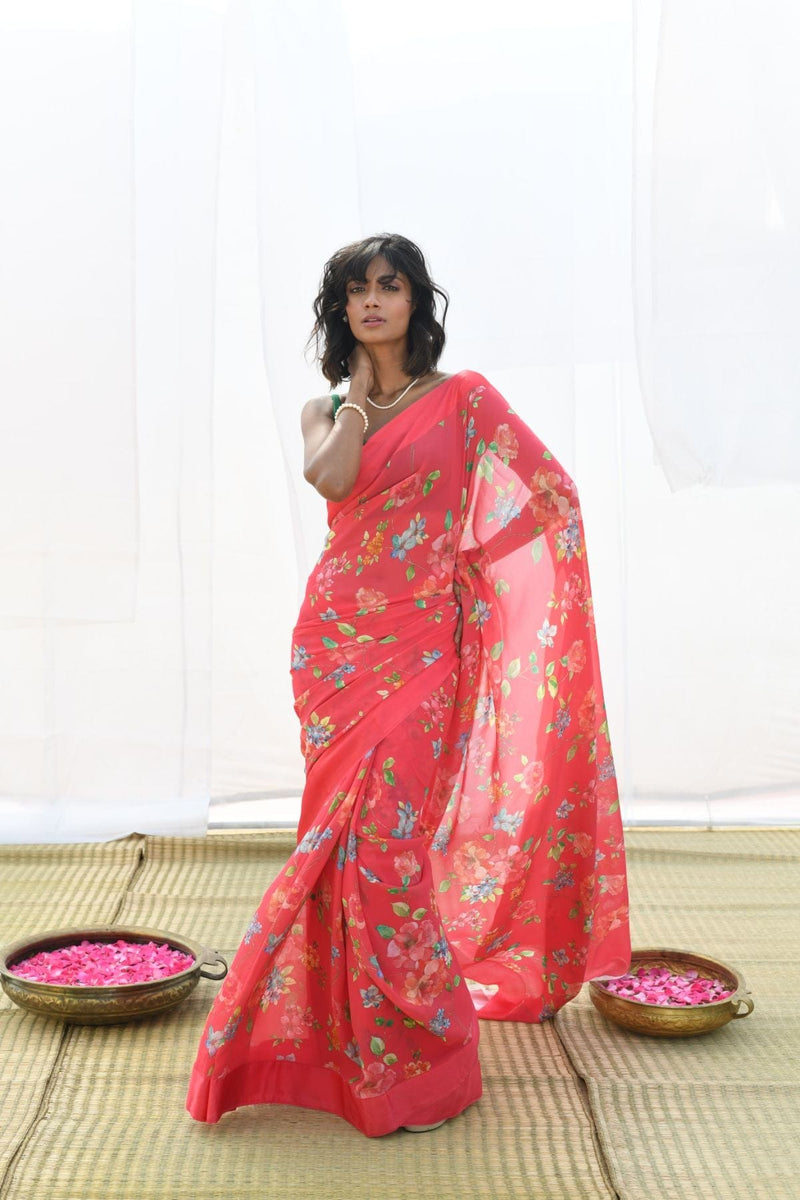 Punch Pink Pure Georgette Floral Printed silk saree with Satin border