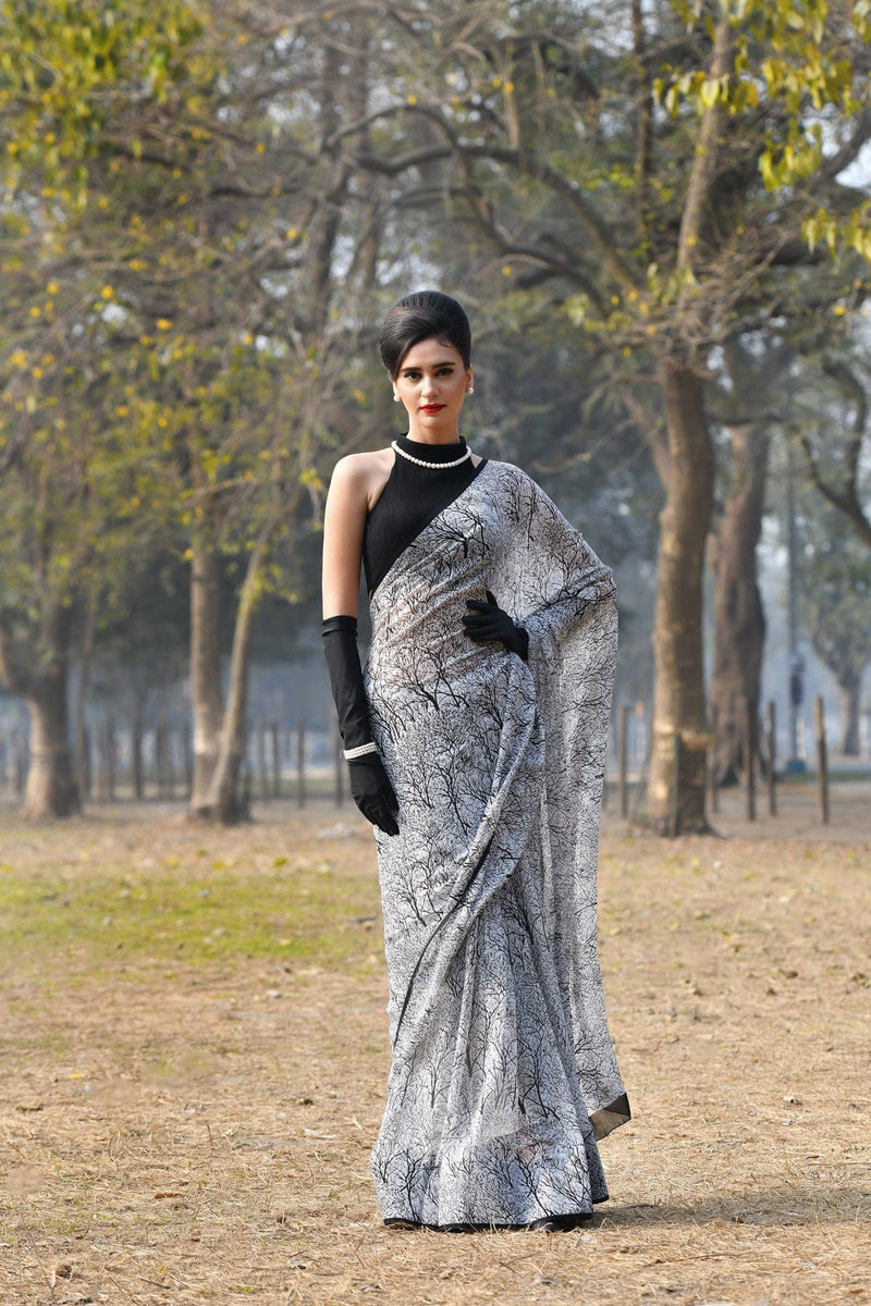 Purest Chiffon Modern Digitaaly Printed Black and white saree