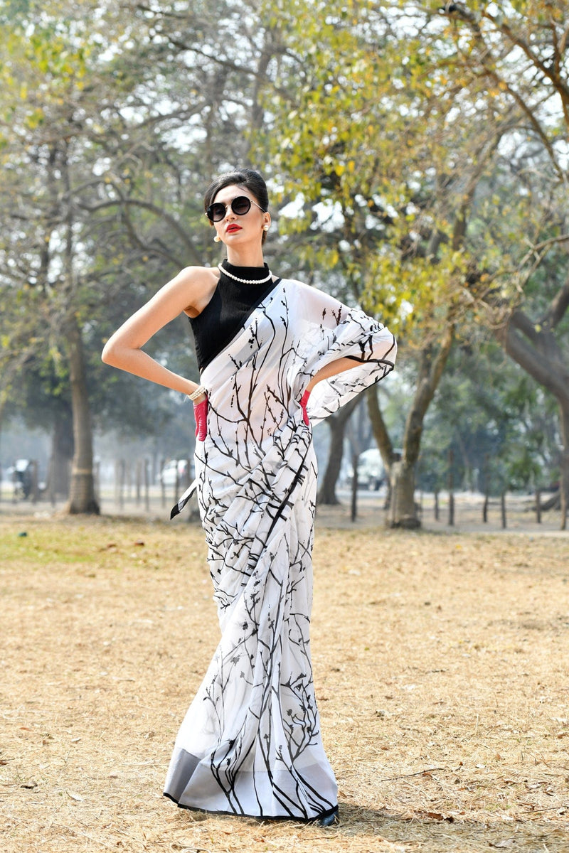 Purest Chiffon Modern Digitally Printed Black and white saree