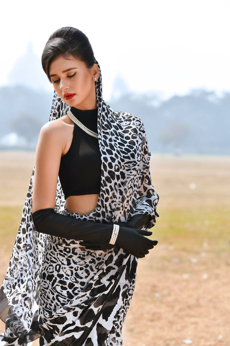 Purest Chiffon Modern Leopard striped Digitally Printed Black and white saree