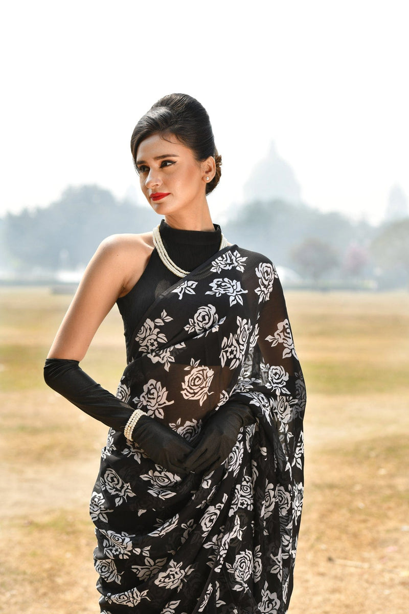 Purest Chiffon Modern Rose Digitally Printed Black and white saree