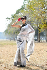 Purest Chiffon Modern striped Digitally Printed Black and white saree