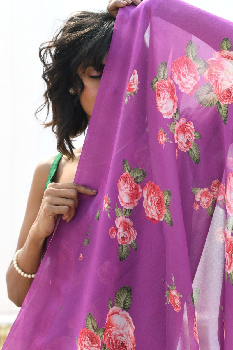 Purple Pure Georgette Floral Printed silk saree with Satin border