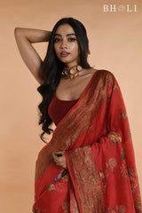 Red Handwoven floral printed Tussar silk Banarasi