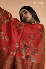 Red Handwoven floral printed Tussar silk Banarasi