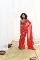 Red Pure Georgette Floral Printed silk saree with Satin border