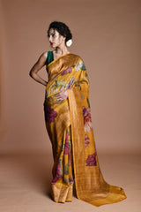 Yellow Handwoven floral printed Tussar silk Banarasi