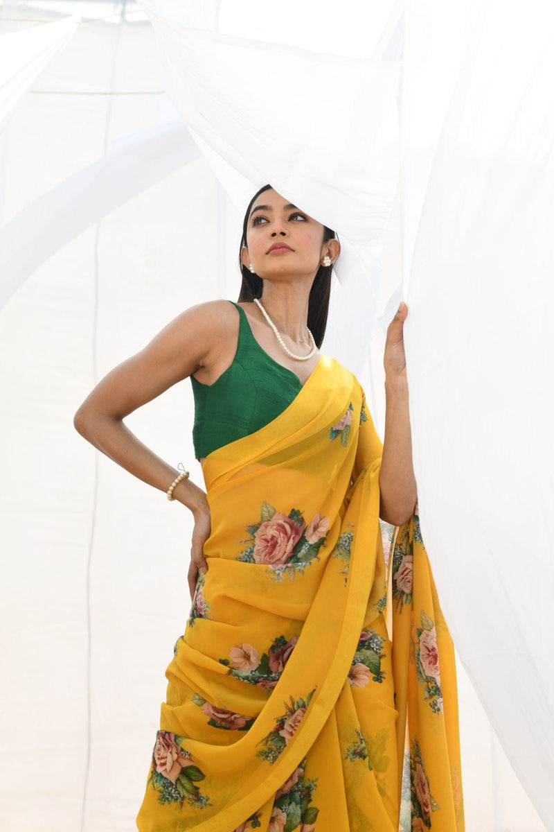 Yellow Pure Georgette Floral Printed silk saree with Satin border