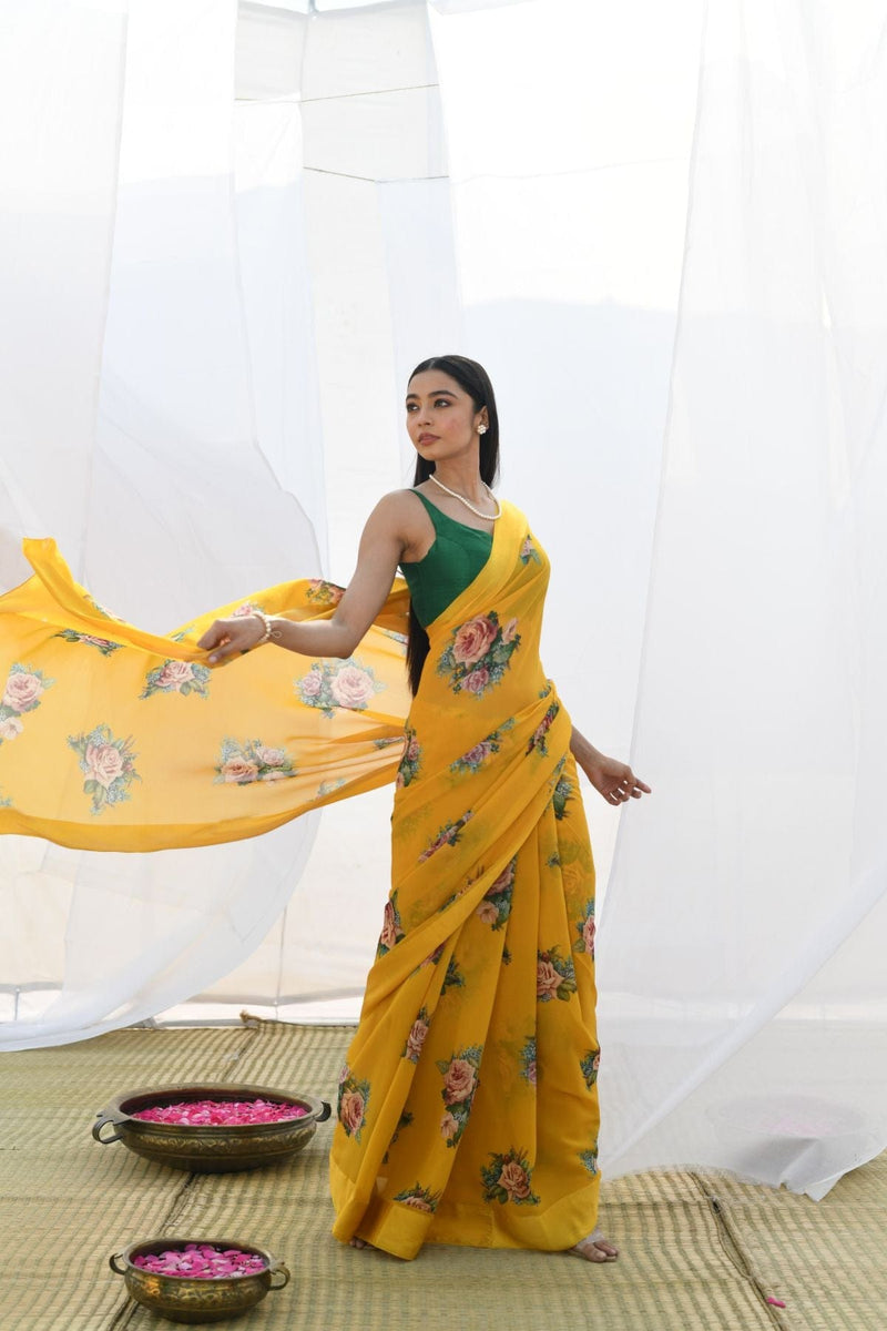 Yellow Pure Georgette Floral Printed silk saree with Satin border
