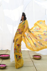 Yellow Pure Georgette Rose Floral Printed silk saree with Satin border